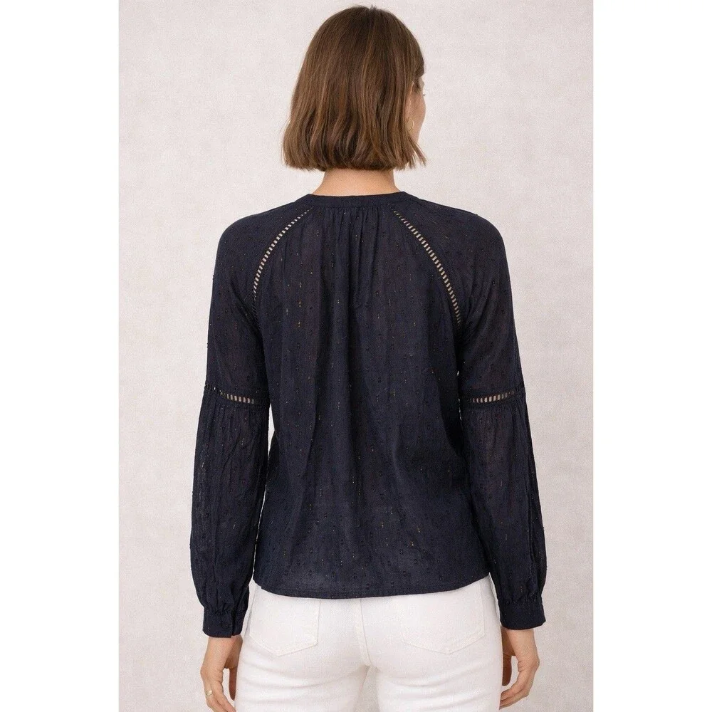Sezane Black Blouse 34 US 2 Gold Metallic Accents Button Front Long Sleeve Chic